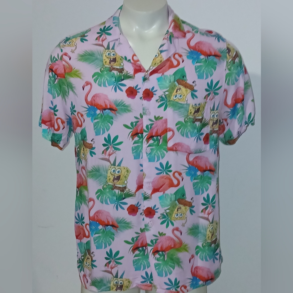 H & M Spongbob Squarepants Hawaiian Flamingo Button Front Short Sleeve Shirt L